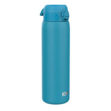 A teal water bottle stands upright against a white background. The bottle has a screw-on lid with a flip-top spout and the word 