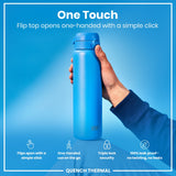 A blue water bottle is held; its flip top opens one-handed. The background is blue; text highlights features: 