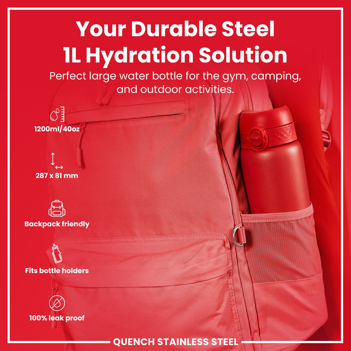 Leak Proof 1 Litre Water Bottle, Stainless Steel, Red, 1L