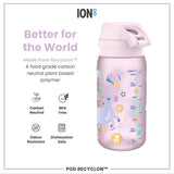 A lilac water bottle, featuring a unicorn design and measurement markings, sits against a white background; it is made from a plant-based polymer. 