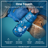 A child holds a blue water bottle featuring an astronaut design. The bottle's flip top opens with a single click. It is shown against a teal background. One Touch. Flip top opens one-handed with a simple click. Flips open with a simple click. One-handed use on the go. Triple lock security. 100% leak proof - no twisting, no leaks. POD RECYCLON™.