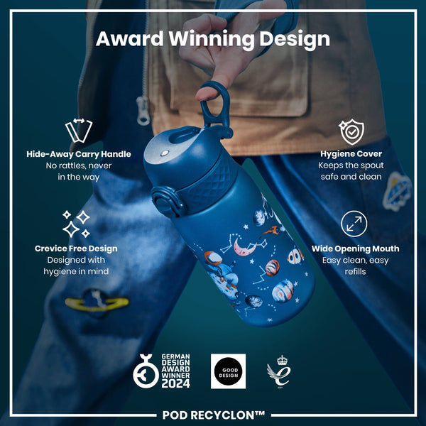 A blue water bottle with a space theme is being held; it features a hide-away handle, hygiene cover, and wide mouth. Award-winning design.