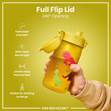 A yellow children's water bottle with a dinosaur design is held; its full flip lid opens 240 degrees. The bottle is shown against a yellow background. Full Flip Lid; 240° Opening; POD RECYCLON™.