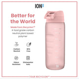 A pink water bottle sits against a white background. It’s made from a plant-based polymer and is advertised as “Better for the World.” The bottle is BPA-free, odor-resistant, and dishwasher safe.