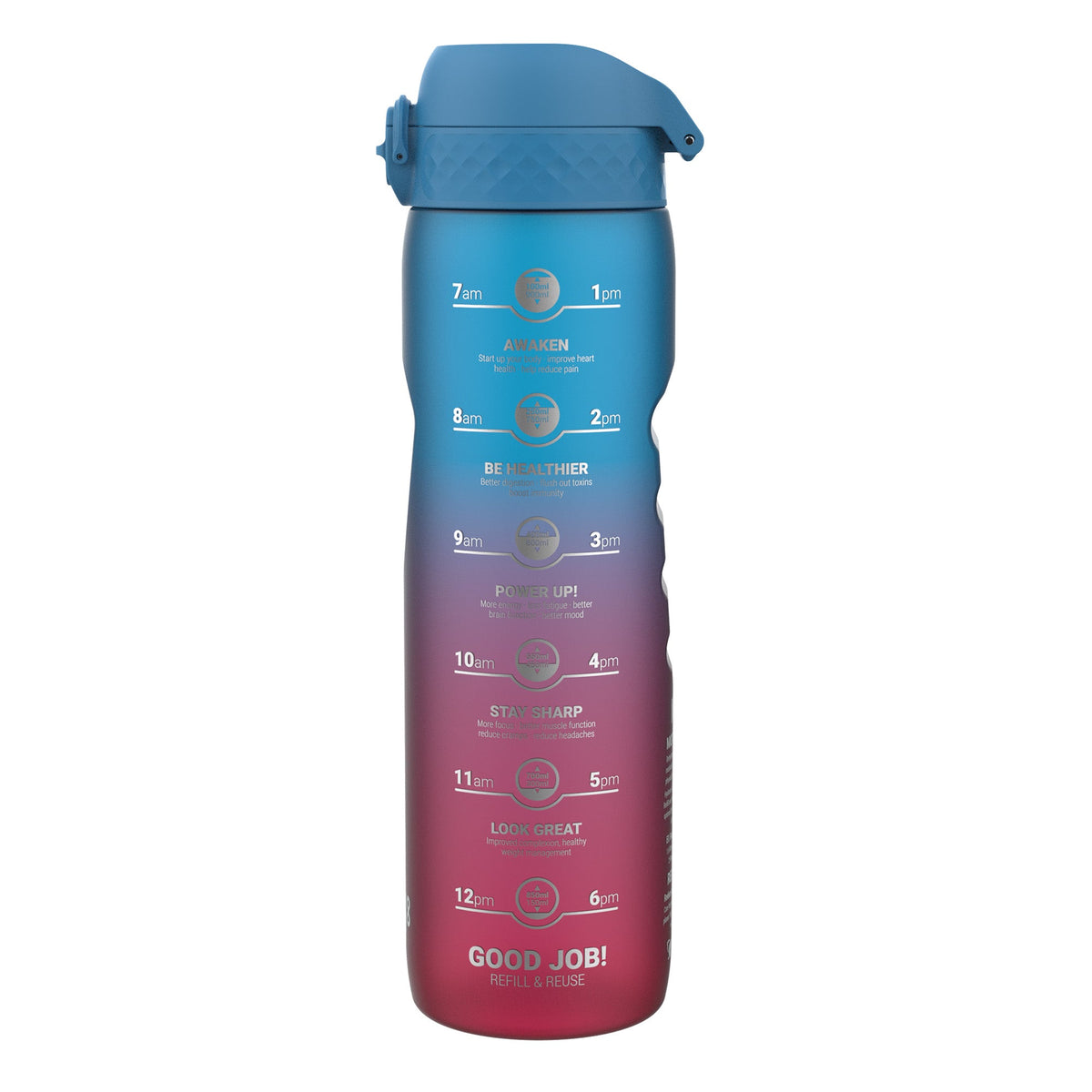 A water bottle displays a daily hydration schedule with corresponding health benefits, against a white background.