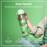 A water bottle, decorated with butterflies, is held; its flip top opens one-handed. The context is a green background. 
