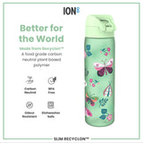 A light-green water bottle, adorned with butterflies and flowers, sits against a white background. It is made from a plant-based polymer and is BPA-free, odour-resistant, and dishwasher-safe. The bottle is marketed as 