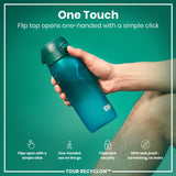 A teal plastic water bottle sits against a white background. The bottle has a hinged, textured lid and the word 