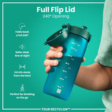 A teal plastic water bottle sits against a white background. The bottle has a hinged, textured lid and the word 
