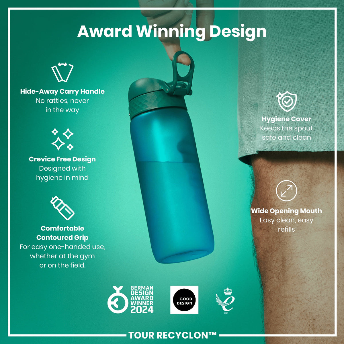 A teal plastic water bottle sits against a white background. The bottle has a hinged, textured lid and the word "ION8" is printed near the base.
