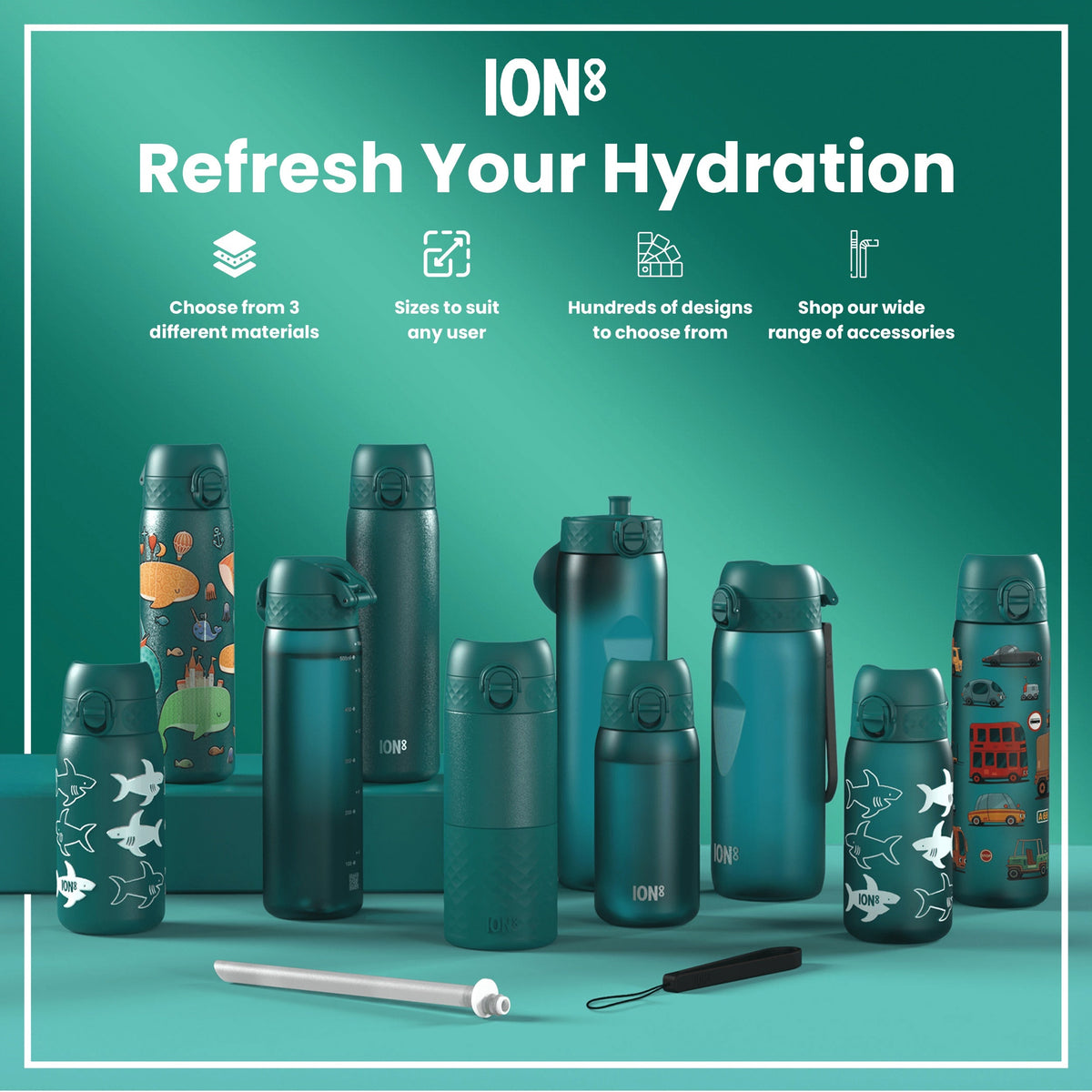 A teal plastic water bottle sits against a white background. The bottle has a hinged, textured lid and the word "ION8" is printed near the base.