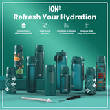 A teal plastic water bottle sits against a white background. The bottle has a hinged, textured lid and the word 