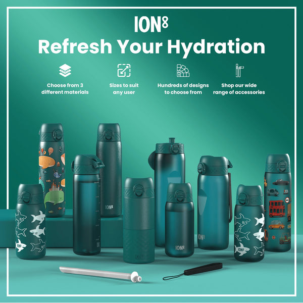 A teal plastic water bottle sits against a white background. The bottle has a hinged, textured lid and the word "ION8" is printed near the base.