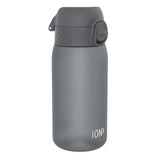 A gray water bottle sits on a white background. The bottle has a gray, hinged lid with a textured section and a rotating closure. The brand 
