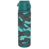 A teal water bottle, featuring a camouflage pattern, stands upright against a white background.