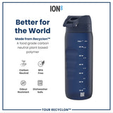 A dark-blue water bottle sits against a white background. The bottle is made from a plant-based polymer, is BPA-free, odor resistant, and dishwasher safe. The bottle's capacity markings are visible.
