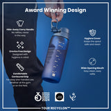 A person holds a blue, contoured water bottle with a carrying handle and wide mouth. It features a hygiene cover and is designed for easy one-handed use. The bottle is showcased against a blue background with text highlighting its award-winning design and features. 