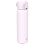 A light purple water bottle stands upright against a white background. The bottle has a screw-on lid and the word 