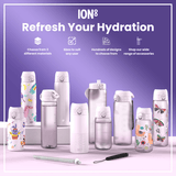 Various ION8 water bottles, in different sizes and designs, are displayed on a lavender surface; accessories are also shown. Choose from 3 different materials. Sizes to suit any user. Hundreds of designs to choose from. Shop our wide range of accessories.
