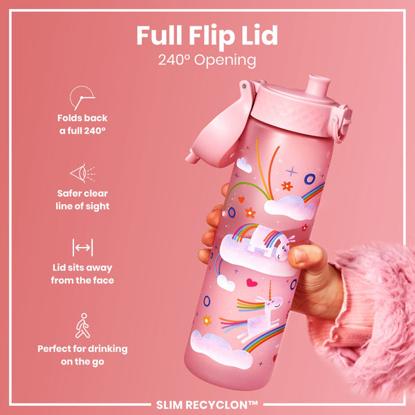 Leak Proof Slim Water Bottle, Recyclon, Unicorn Rainbows, 500ml (18oz)