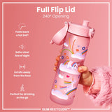 A pink water bottle, featuring a unicorn design, is held; its full flip lid allows for a 240° opening. The bottle is labeled 