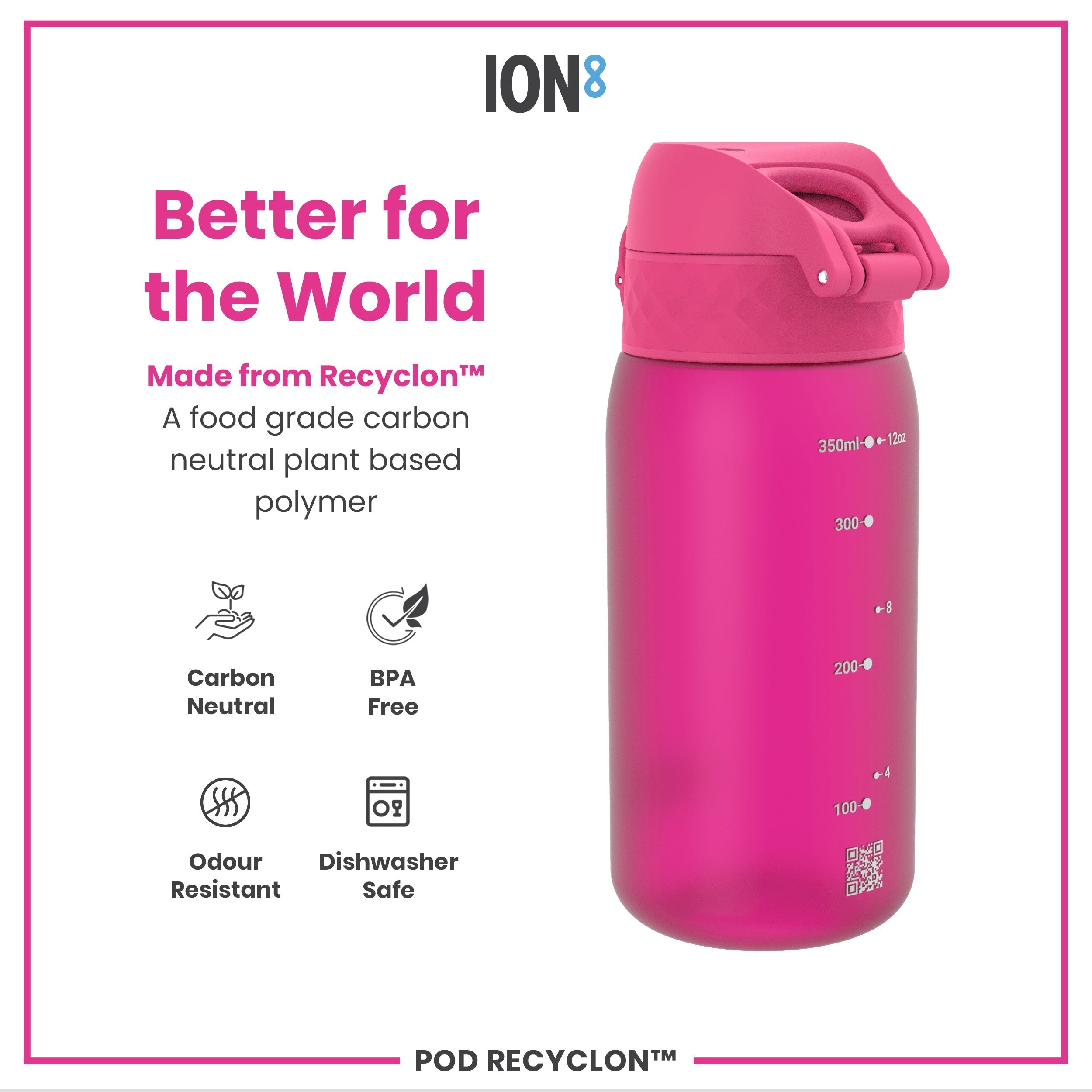 Leak-Proof Kids Water Bottle - BPA-Free, Pink, 350ml | Ion8 UK