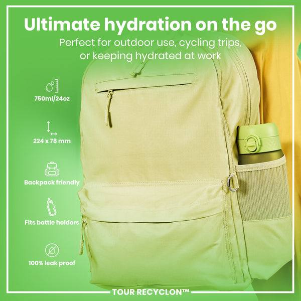A light-green backpack holds a water bottle; it's designed for outdoor activities, cycling, or work. 750ml/24oz, 224 x 78 mm, backpack friendly, fits bottle holders, 100% leak proof. TOUR RECYCLON™