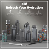 Several ION8 water bottles, various sizes and designs, are displayed on a gray surface. Accessories are also shown. 