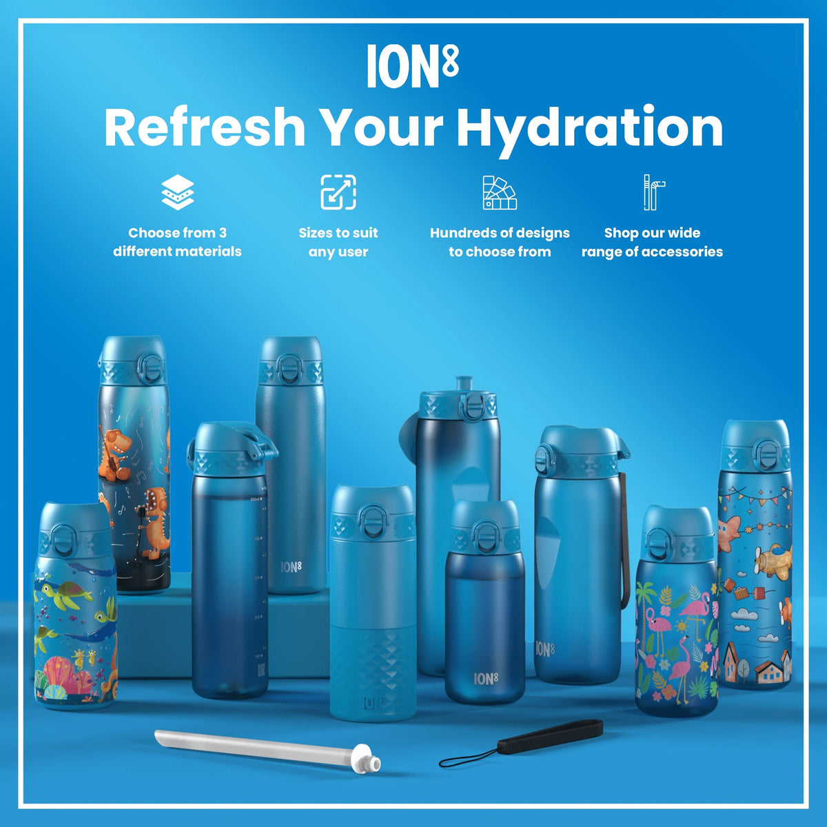 Leak Proof Slim Water Bottle, Stainless Steel, Dino Band, 600ml (20oz)