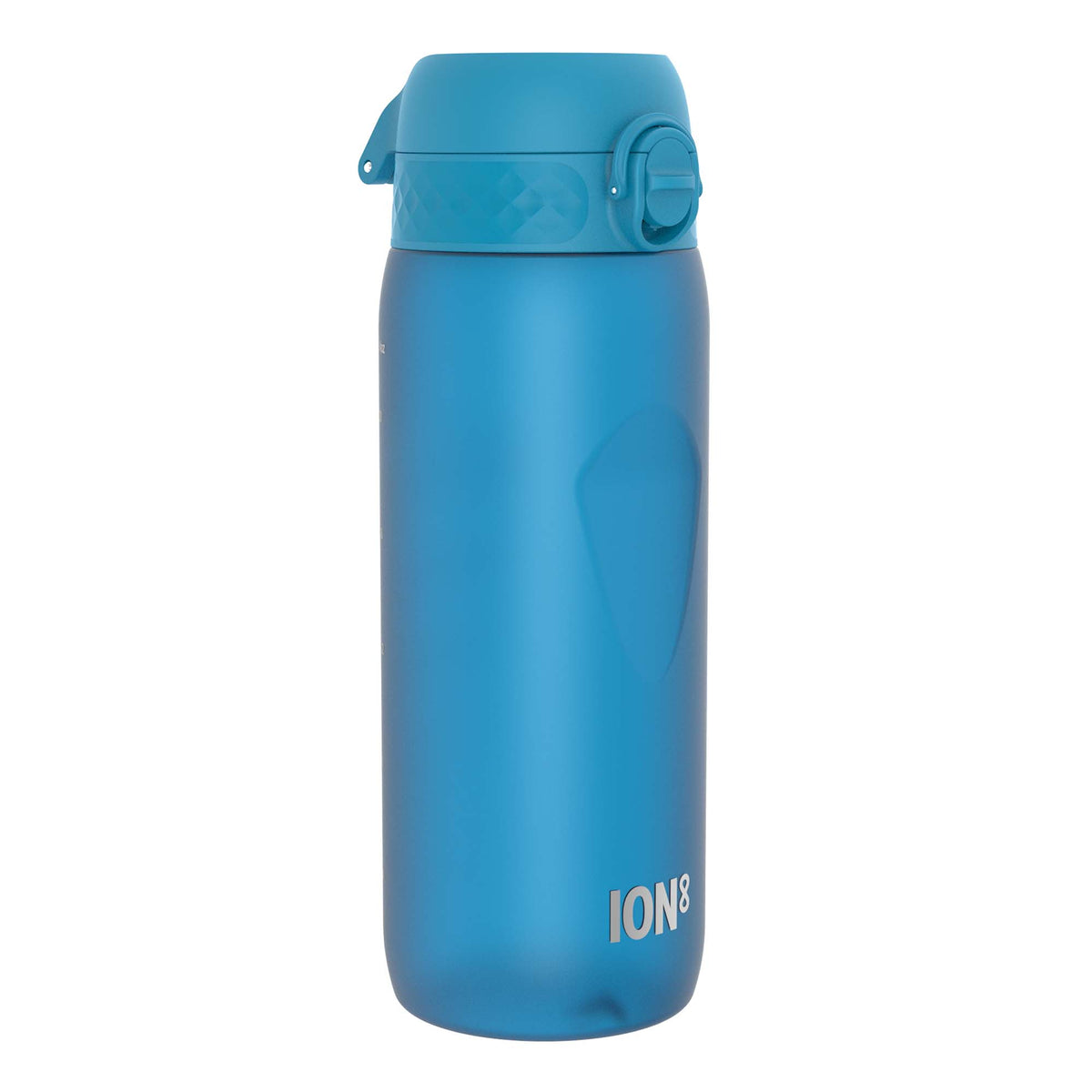 A blue plastic water bottle stands upright against a white background. The bottle has a screw-on lid with a carrying loop and the logo ION8 is visible near the base.