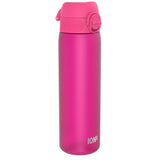 A pink ION8 water bottle stands against a white background. The bottle is upright and features a pink screw-top lid.
