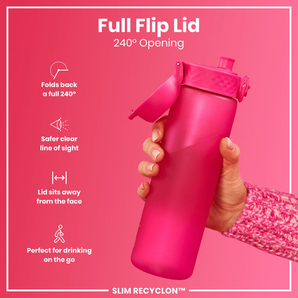 A pink water bottle with a flip lid is being held; its lid is open to 240 degrees against a pink background. Full Flip Lid, 240° Opening, SLIM RECYCLON™.