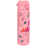 A pink water bottle, decorated with a flamingo and floral designs, stands on a white background.