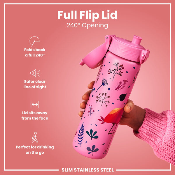 A pink, floral-patterned water bottle is held; its full flip lid opens 240°. The bottle is slim stainless steel, and the design facilitates convenient on-the-go drinking.