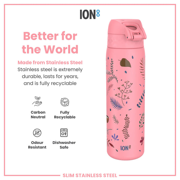 A pink stainless steel water bottle, sits against a white background; it features a floral design and is advertised as durable, recyclable, and dishwasher safe.