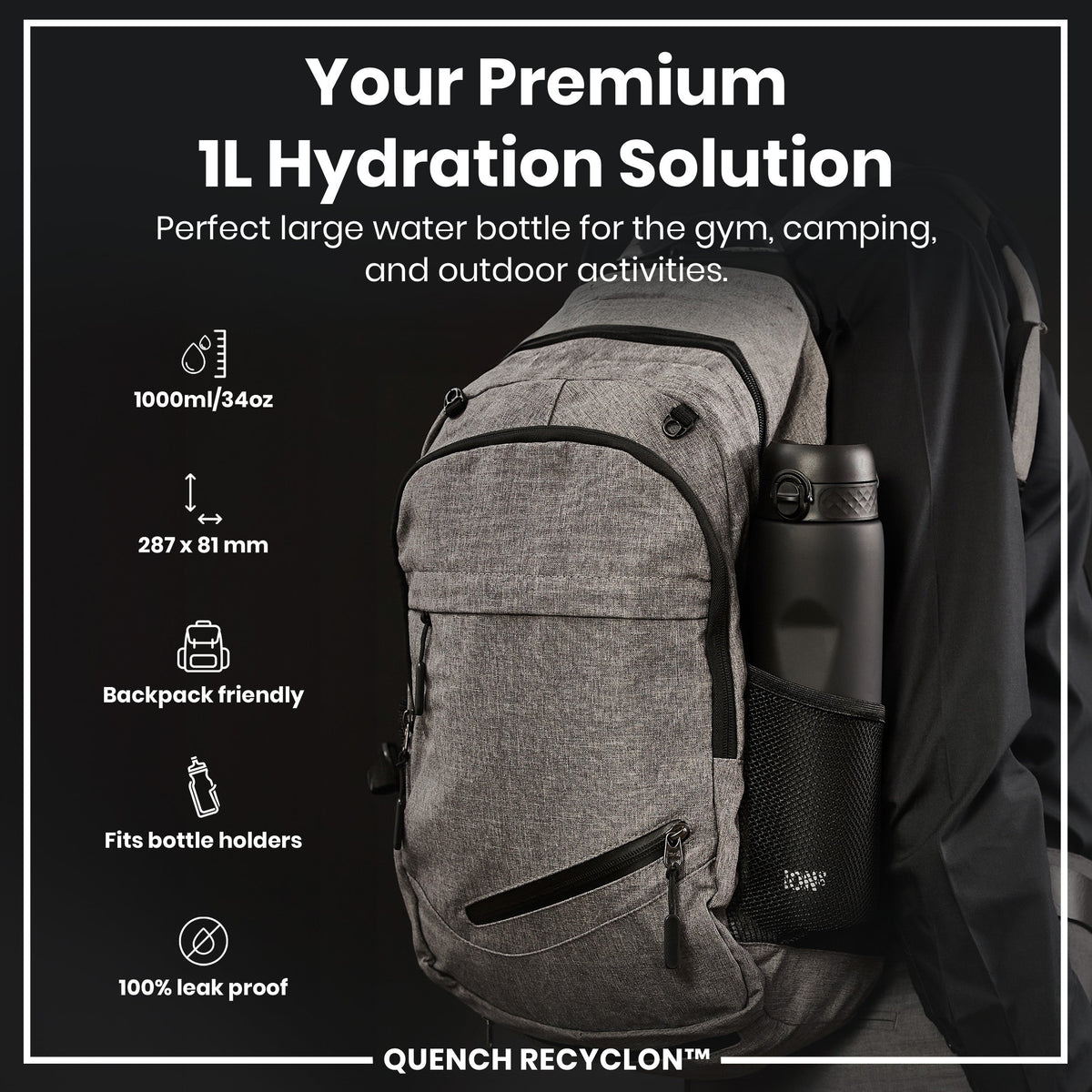 Leak Proof 1 litre Water Bottle, Recyclon, Black, 1L