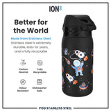 A black stainless steel water bottle, featuring a space theme, sits on a white background. It is advertised as durable, recyclable, and dishwasher safe. 