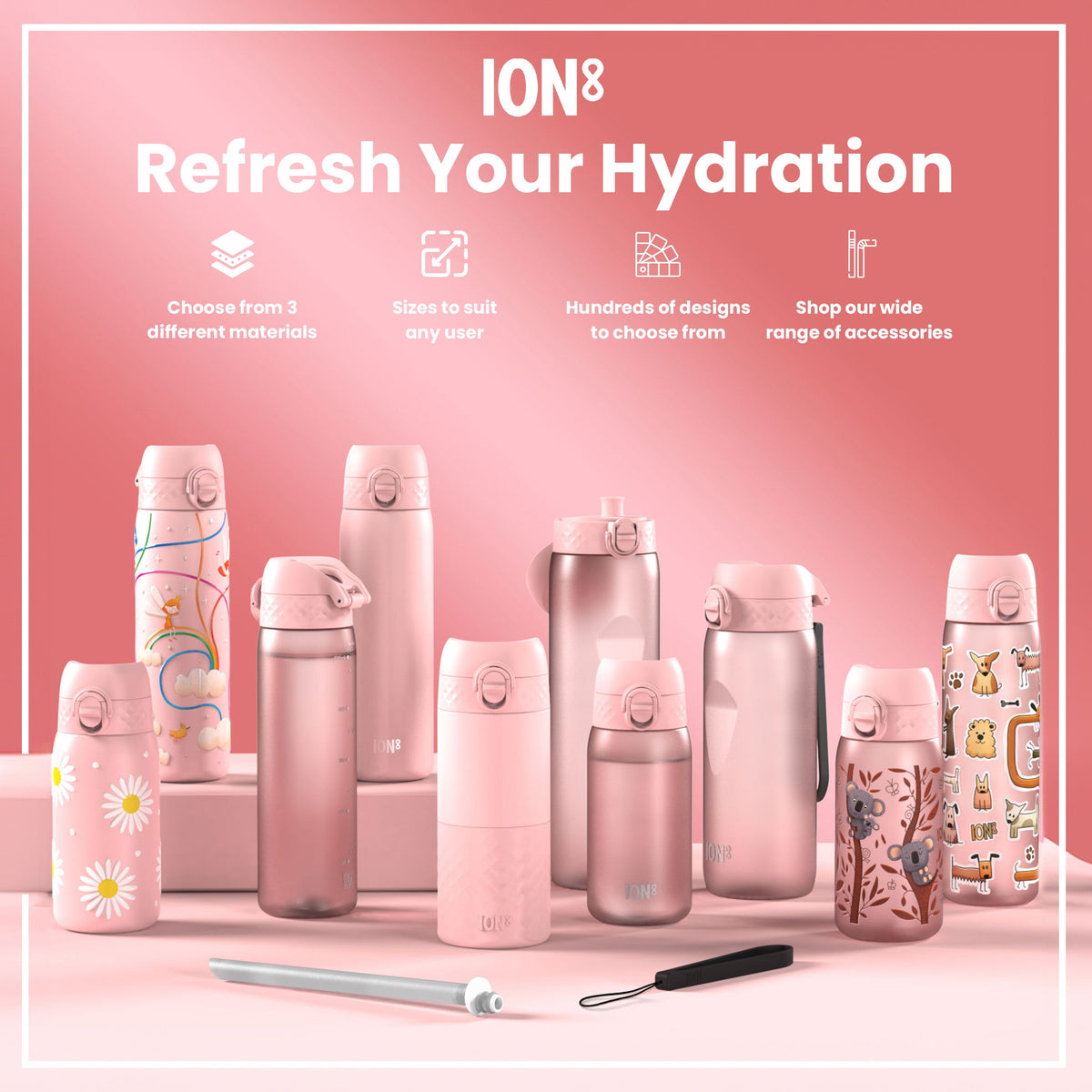 Leak Proof Slim Water Bottle, Stainless Steel, Ash Rose, 600ml (20oz)