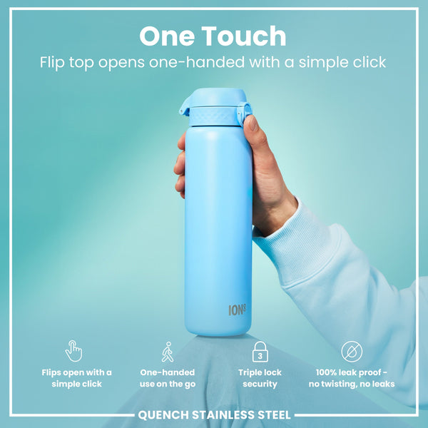 A light-blue ION8 water bottle is held; its flip top opens one-handed. The bottle features triple lock security and is 100% leak-proof. It's described as "Quench Stainless Steel."