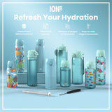 Several pastel-blue water bottles, of varying sizes and designs, are displayed on a light-blue surface; accessories are shown below. The text reads: 