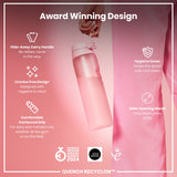 A pink water bottle is being held; its features are highlighted in text, including a hide-away handle, crevice-free design, contoured grip, hygiene cover, and wide mouth. The bottle is award-winning.