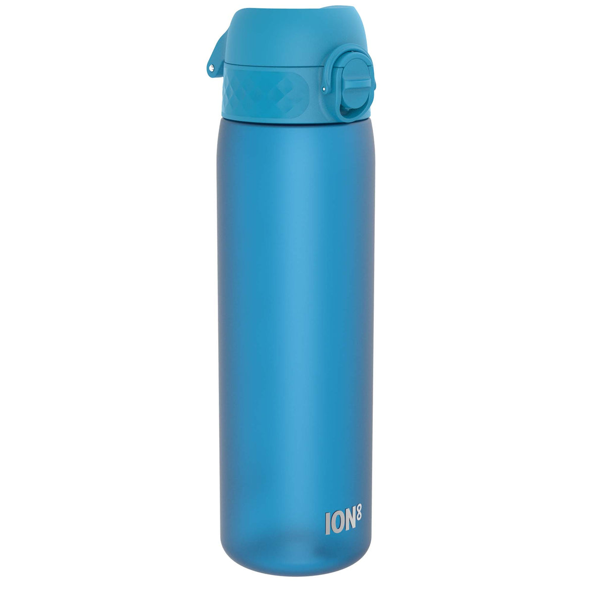 A blue plastic water bottle stands upright against a white background. ION8 is printed near the base.