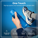 A hand holds a blue, cylindrical water bottle; its flip top opens with a single click. The context is a person in athletic clothing against a blue background.