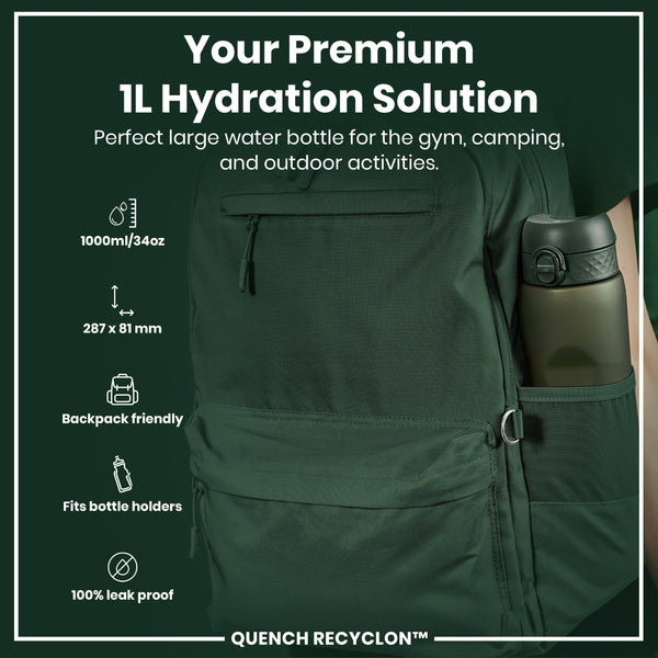 Leak Proof 1 litre Water Bottle, Recyclon, Dark Green, 1L