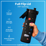 A black water bottle with a space theme, being held, features a full flip lid with a 240° opening. The lid folds back, sits away from the face, providing a clear line of sight. It's designed for on-the-go drinking. SLIM RECYCLON™