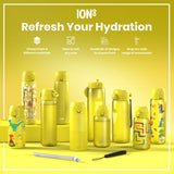 Yellow ION8 water bottles of varying sizes and designs are displayed on a yellow background. Refresh Your Hydration. Choose from 3 different materials. Sizes to suit any user. Hundreds of designs to choose from. Shop our wide range of accessories.