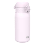 A light-pink water bottle sits on a white background. The bottle has a textured lid and a hinged carrying loop. The brand 