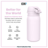 A light-purple stainless steel water bottle sits against a white background; it's advertised as durable, recyclable, and dishwasher safe.