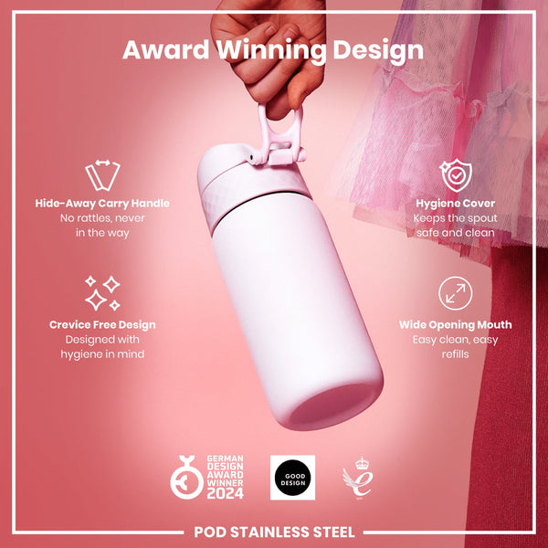 A pink stainless steel water bottle is being held; it features a hide-away handle, hygiene cover, and wide mouth. The bottle is an award-winning design.