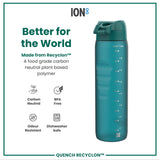 A teal water bottle stands upright against a white background. The bottle has measurement markings and the logo 